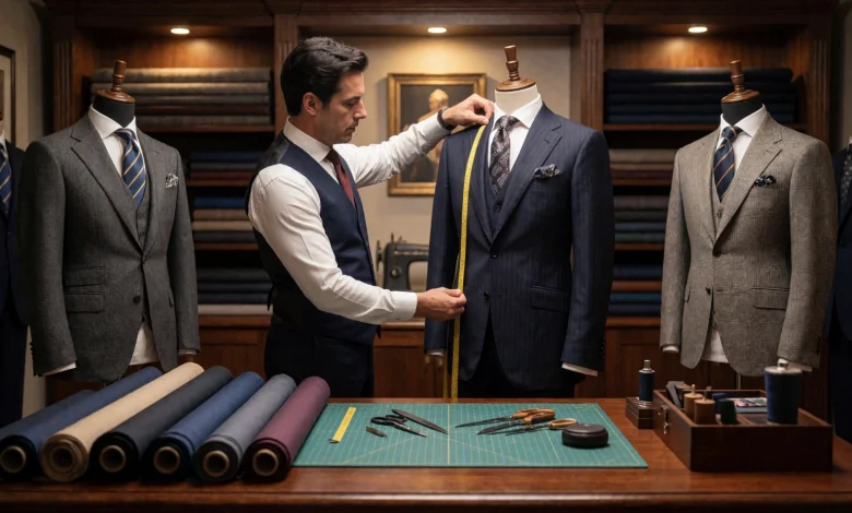 A sophisticated tailor's atelier with a master tailor measuring a client for a custom suit, surrounded by fabric rolls, sewing tools, and elegant mannequins displaying bespoke garments, warm ambient lighting, high attention to detail in textures and clothing