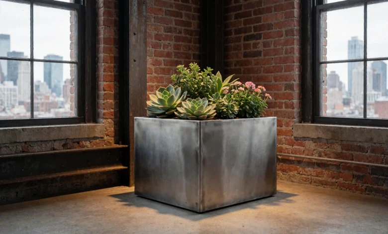 A modern loft-style metal flowerpot with clean geometric lines, placed on a concrete floor in an industrial interior with exposed brick walls, steel beams, and large windows showing a city skyline. The flowerpot contains lush green succulents and small flowering plants, casting soft shadows under warm ambient lighting. The scene emphasizes minimalist design, texture contrast between raw metal and organic greenery, and urban sophistication.