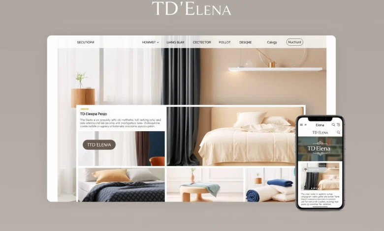 A modern, clean, professional website interface of the official site of TD 'Elena', featuring a sleek navigation bar with the company logo 'TD Elena' in elegant Cyrillic font, a hero section with high-quality product images of textiles or home goods (e.g., bed linens, curtains, towels) arranged in a grid, soft neutral color palette with accents of warm beige and deep blue, subtle shadows and depth for a premium feel, responsive layout visible on both desktop and mobile views, no text overlays or