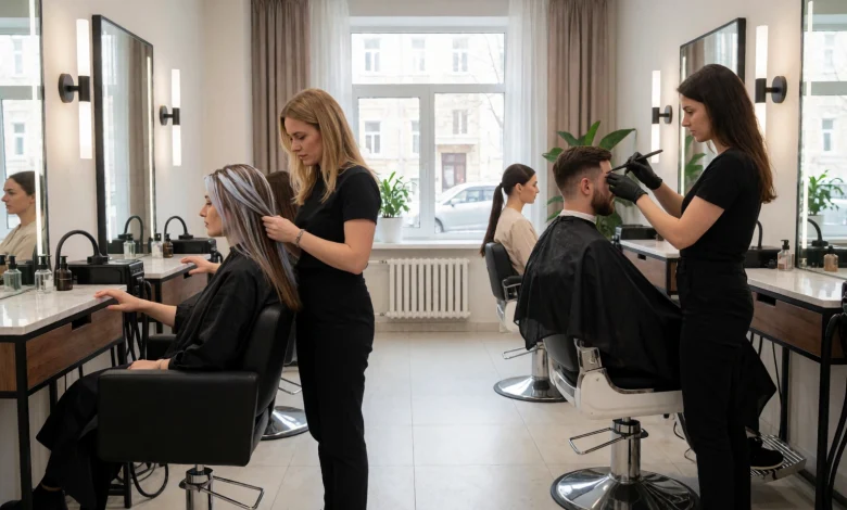 A modern beauty salon in Gorlovka showing women receiving hair coloring, manicure, pedicure, eyebrow shaping, and a man getting a haircut at a barber station, all in a clean, bright interior with professional stylists working, natural lighting, diverse clients, and high-end salon equipment