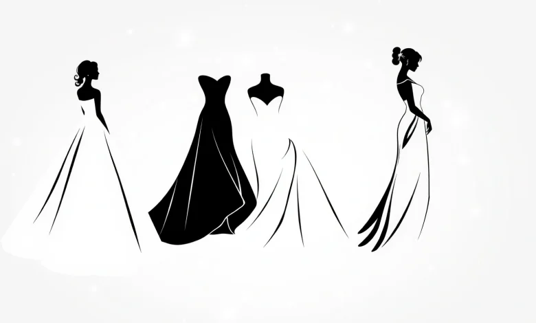 Elegant silhouettes of various wedding dress styles, including ballgown, mermaid, A-line, and sheath, displayed against a soft gradient background with subtle light flares, emphasizing graceful lines and flowing fabrics in monochrome black on a light gray backdrop