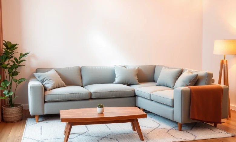 A modern corner sofa in a cozy living room setting, upholstered in soft gray fabric, with clean lines and plush cushions, positioned against a light-colored wall with a wooden coffee table in front, a potted plant nearby, and warm ambient lighting from a floor lamp, creating a welcoming and stylish interior scene